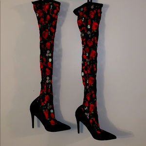 Red floral Thigh-high heels
